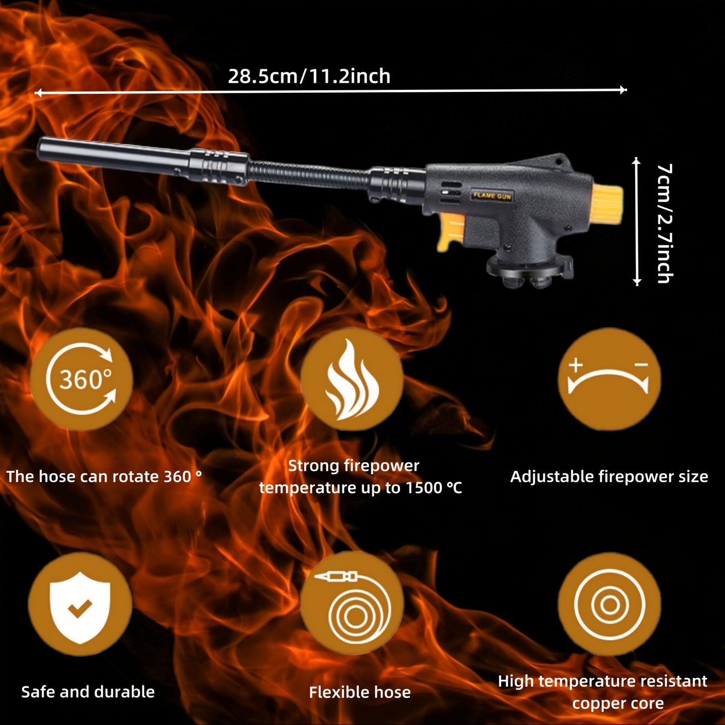 Portable 1 Butane Torch with Extended Hose for outdoor use, featuring a 360° rotatable cassette torch that reaches temperatures up to 1500℃, suitable for charcoal, cooking, barbecue, and