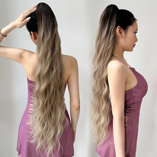 Ombre water wave heat resistant synthetic ponytail hairpiece for girls and women for parties and daily use, 81.28 cm long.