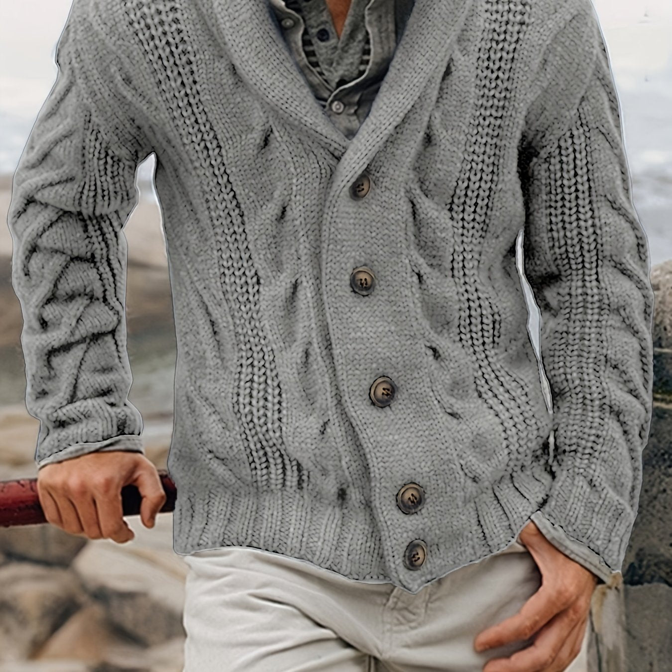 Men's casual knit polyester cardigan sweater in solid color with long sleeves, drop shoulder, lapel collar, button details; ideal for fall/winter layering. Features a classic, relaxed fit