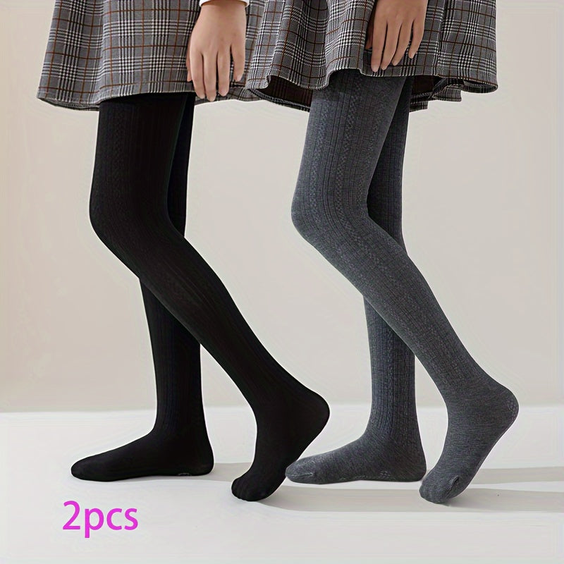 Two Girls' Striped Knit Tights: Viscose 55%, Polyester 38%, Spandex 7% Blend, Mid-Thickness Leggings for All Seasons with Footwear