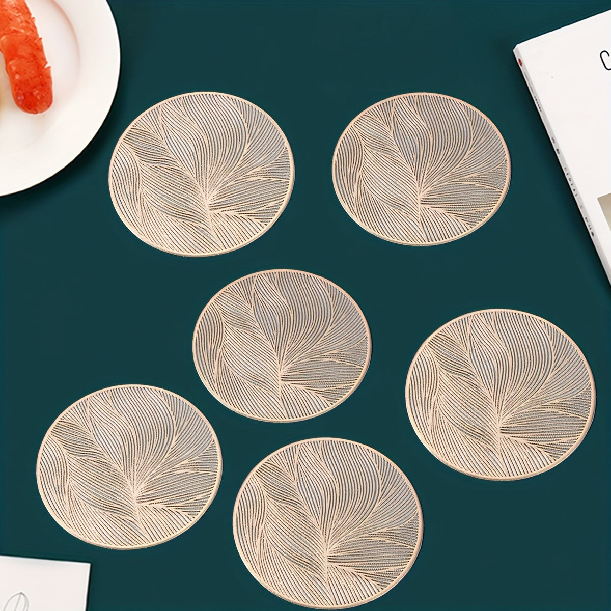 6 PVC round place mats with leaf pattern, heat resistant and non-slip. Hand wash only. Perfect for dining, weddings, and holiday decor.