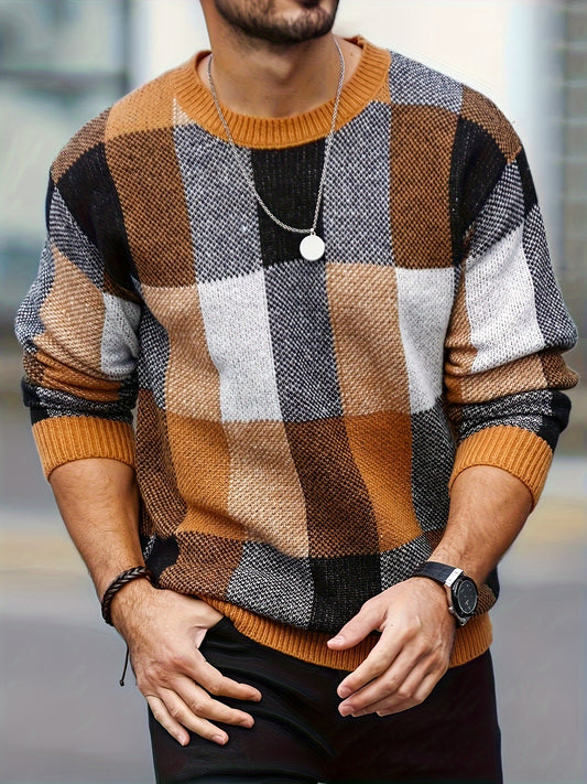 Plaid sweater for men made of viscose knit with round neck, regular fit, and stretchable material. Suitable for autumn/winter season, available in plus sizes.