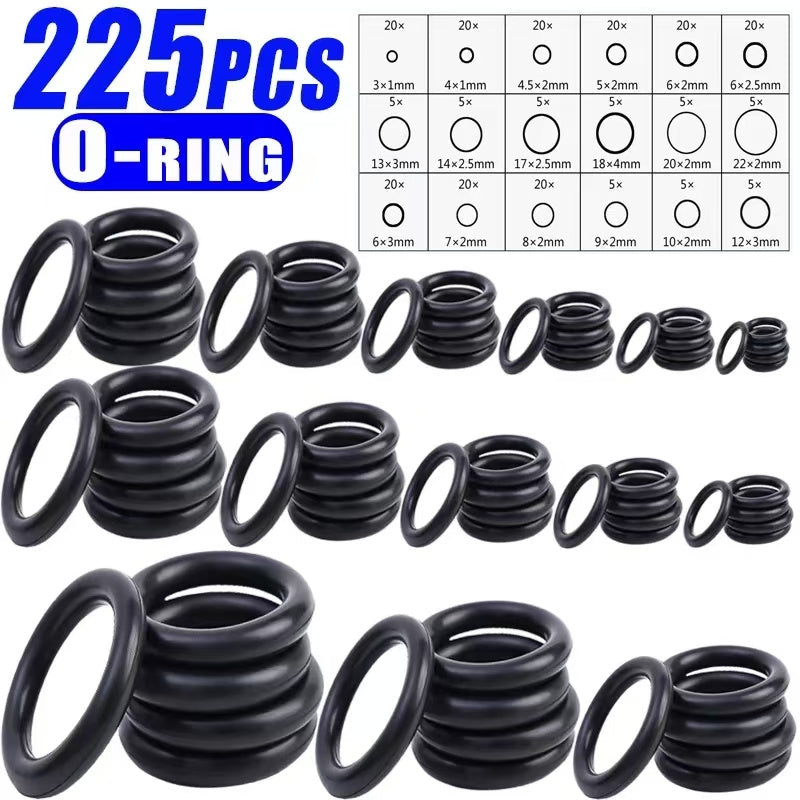 225-piece O-Ring Kit: Tough rubber seals suitable for automotive and machinery use, resistant to oil and water, various sizes included.