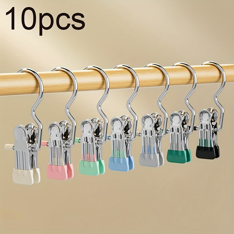 Set of 10 stainless steel laundry clips with swivel hook, versatile windproof clothes pegs for hanging socks, underwear, and accessories, efficient wardrobe organizer clips for saving space, and holding clothes securely.