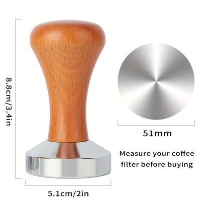 High-Quality Espresso Tamper with Wooden Handle - Available in 51/53/58mm Sizes, Featuring a Flat Bottom Design for Precise Tamping, Made of Rust-Proof Steel, Perfect for Baristas and Home Brewers, Handcrafted Tamper for Coffee Grounds, Essential