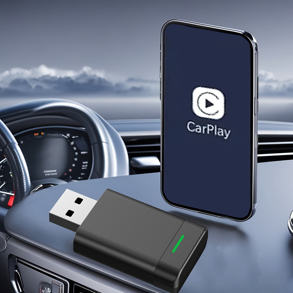 Compact 2-in-1 CarPlay Android Auto Adapter for wireless connectivity and quick pairing with no need for cables. Features USB charging, 4.8GHz WiFi, Wireless 5.0, and compatibility with