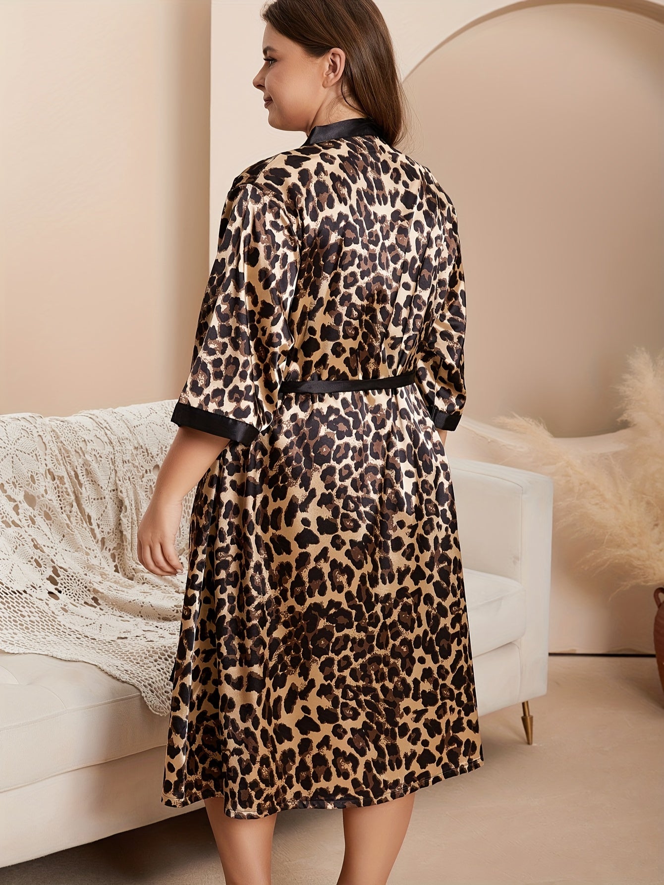 Plus Size Elegant Pajama Set with Satin Leopard Print Robe and Cami Dress.