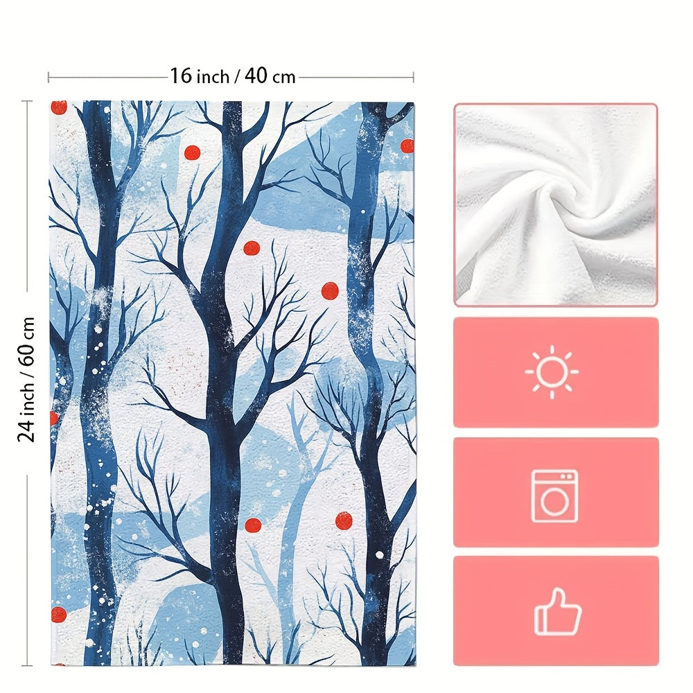 Set of 2 Ultra Soft Kitchen Towels with Winter Jungle Trees Design, Exceptionally Absorbent & Easy to Clean Dish Hand Towels, 40.64x60.96 cm - Ideal for Holiday Decoration and Drying Dishes