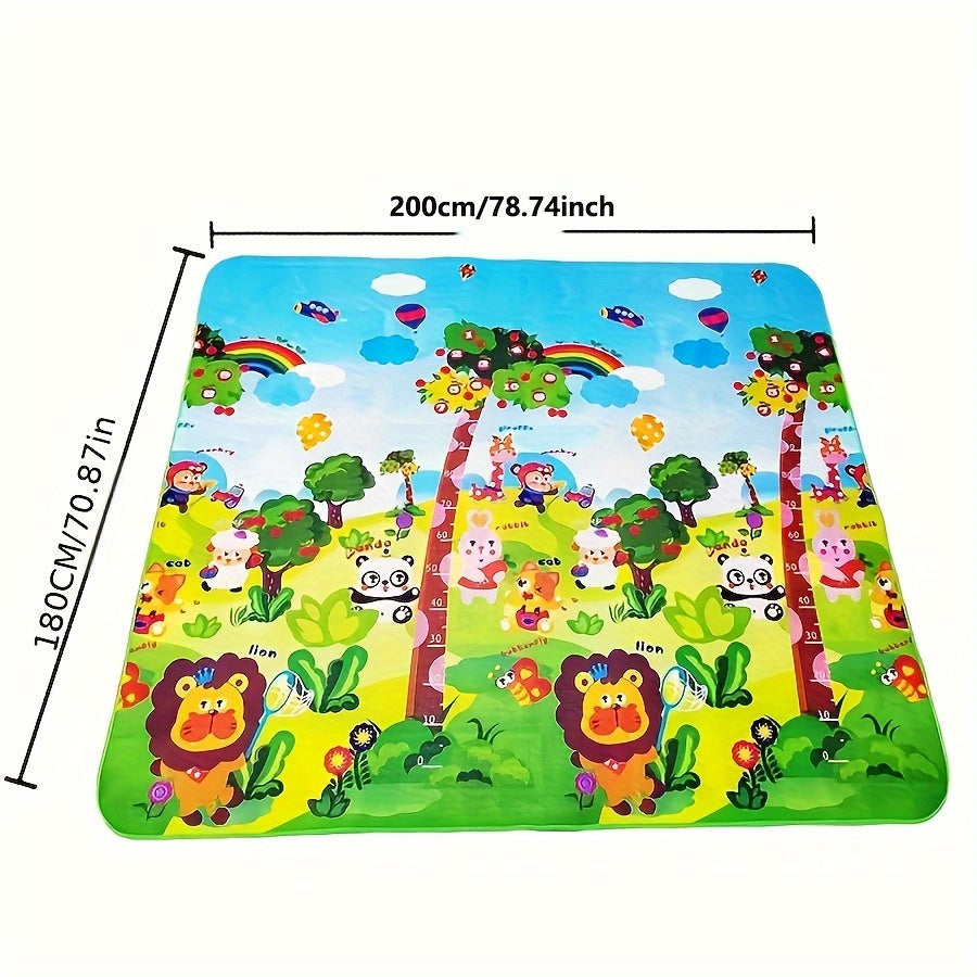 This reversible baby play mat is foldable, made of thick foam for extra cushioning, easy to clean, and measures 1.8m x 2m. It is constructed with a PVC surface material for durability.