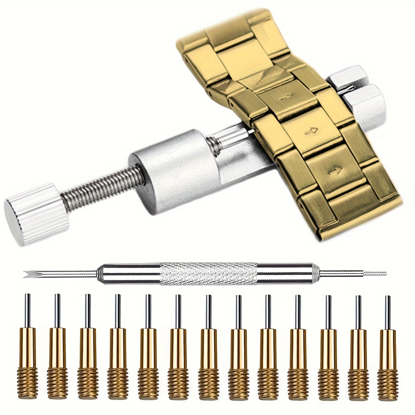 Watch Link Removal Tool Set includes 15 pieces, a Watch Band Tool Kit, Watch Strap Link Pin Adjustable Remover, Spring Bar Tool, and Spare Needles.