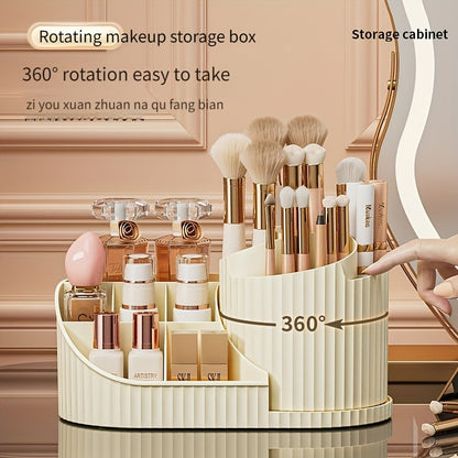 Durable rotating makeup organizer and desk caddy made of plastic, ideal for storing brushes, lipsticks, skincare products, and stationery. Space-saving, elegant white finish with odorless