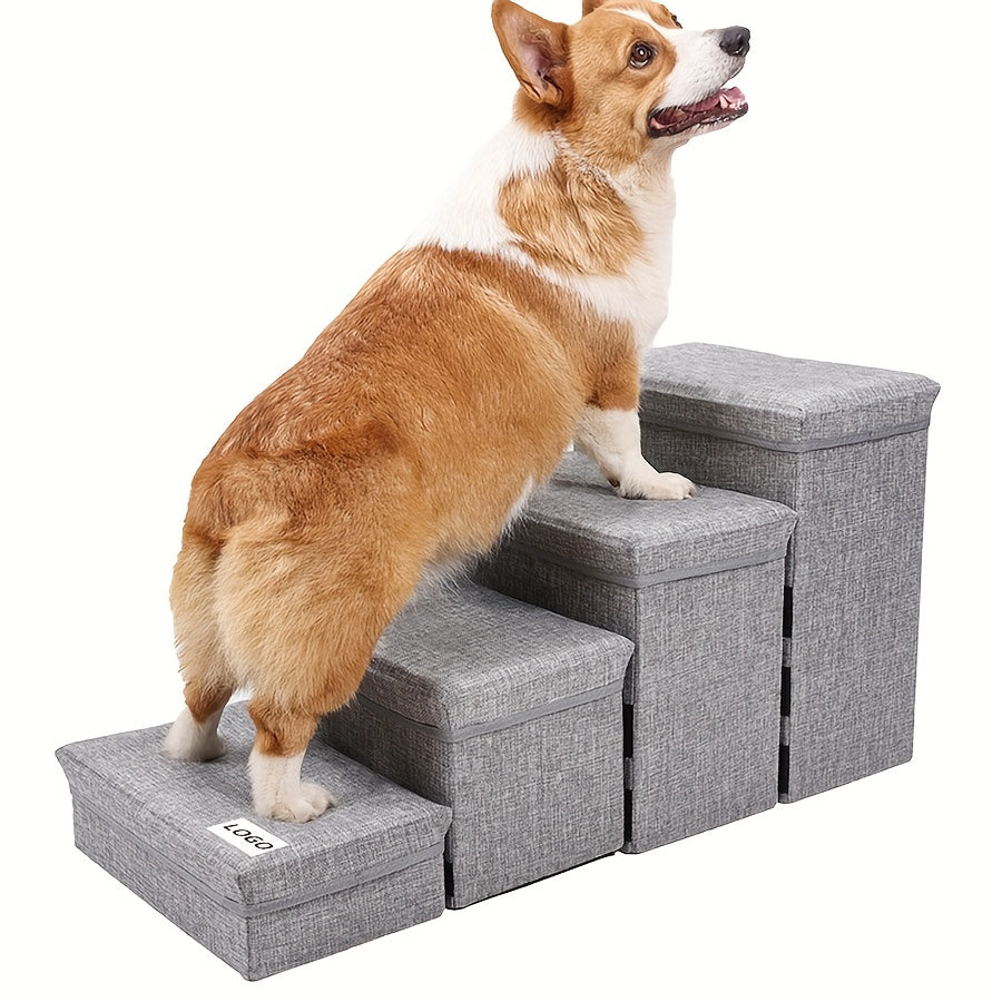 Small dog 4-tier folding stair in grey, for tiny and small breed dogs.