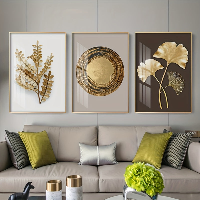 Set of 3 Modern Golden Leaf Wall Art - Frameless Ginkgo & Annual Wheel Prints, Elegant Nordic Decor for Living Room