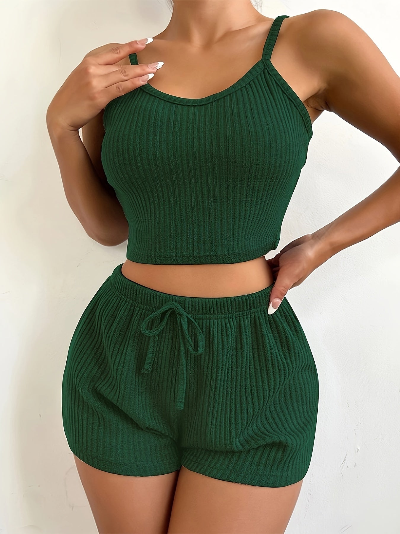 Ribbed lounge set with crop cami top and drawstring shorts for women.