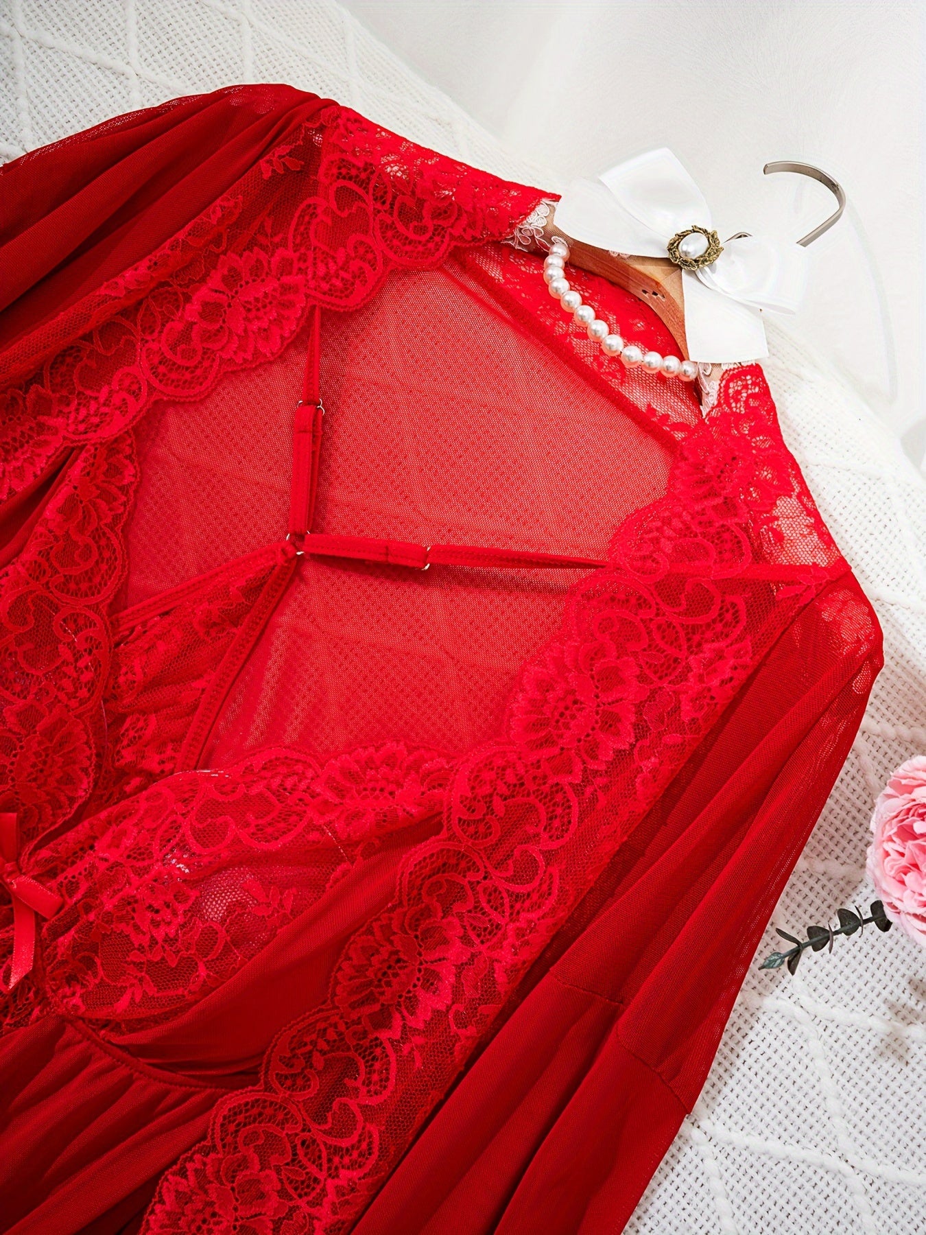 Elegant red lace-trimmed robe and slip dress set for women, semi-sheer with no padding.