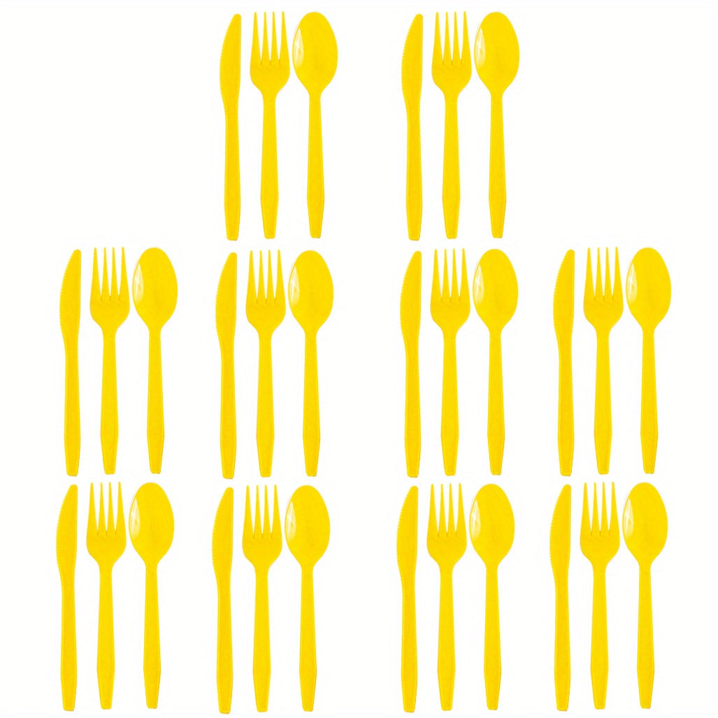 Set of 3 colored disposable plastic tableware pieces for weddings, birthday parties, and cake servings. Includes knives, forks, and spoons (30 pieces total).