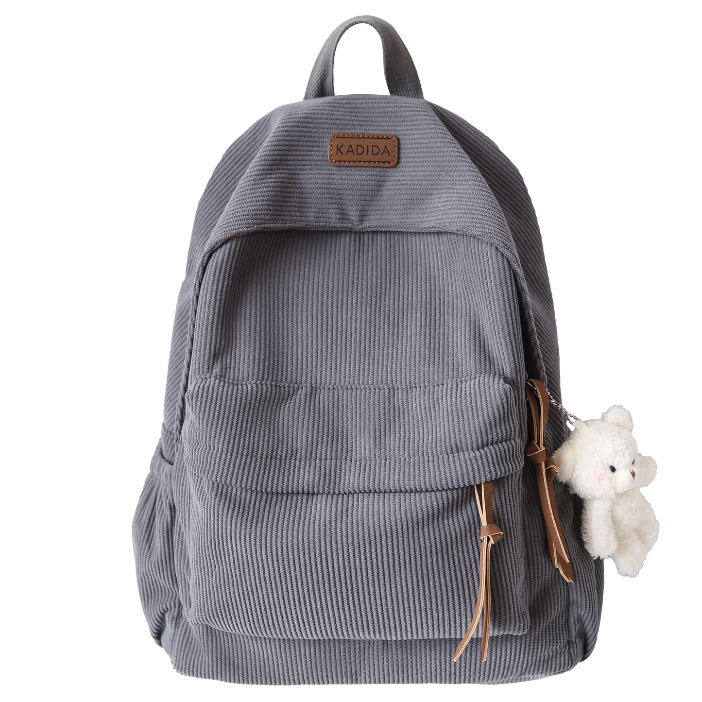 Large capacity women's corduroy backpack with cute bear pendant, ideal for high school and junior high.