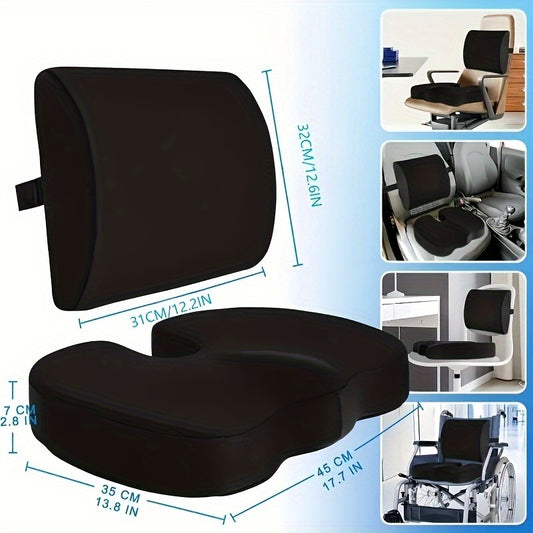 Memory foam seat cushion and lumbar support set - promotes correct posture, supports lumbar region - ideal for office chairs, cars, wheelchairs