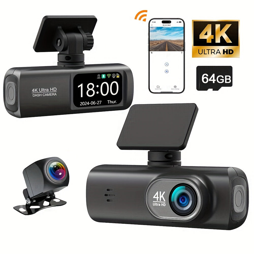 4K Ultra HD Dash Cam with front and rear view, includes 64GB card, built-in WiFi, 3.73cm IPS screen, night vision, wide angle, WDR, parking mode, smartphone app control, adhesive mount