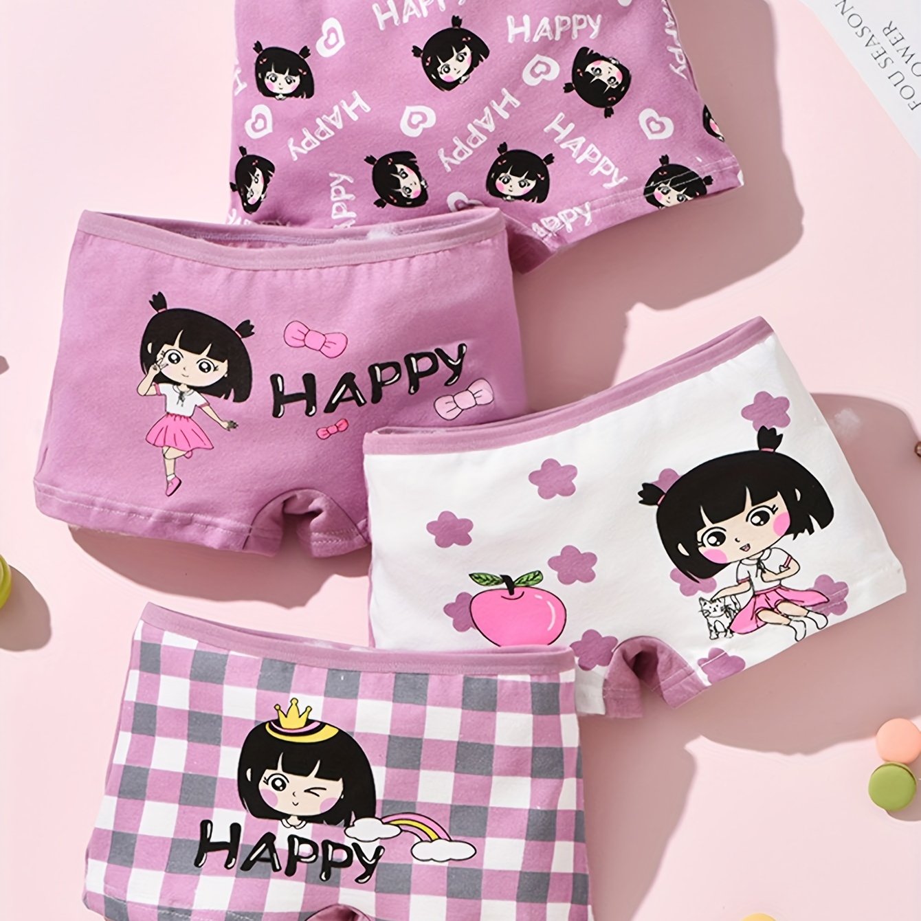 4 Cute Girls' Cotton Boxer Briefs with Cartoon Print - Breathable, Sweat Absorbent & Comfortable All Seasons, Double-layer Crotch, 95% Cotton