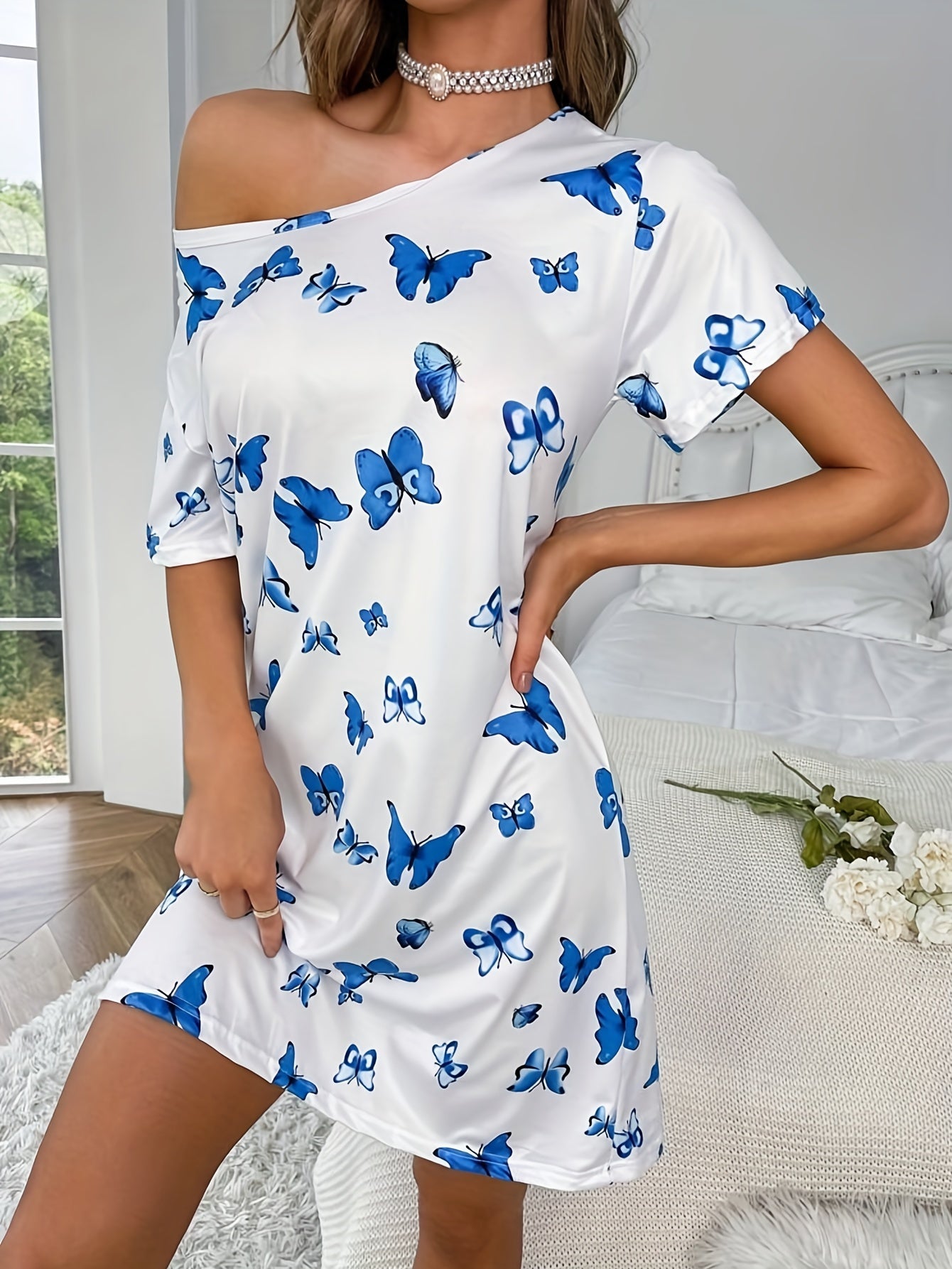 Casual butterfly print pajama dresses for women, perfect for sleepwear and lounging.