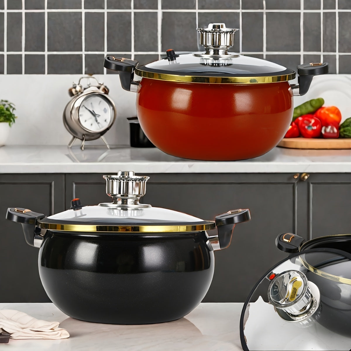 Premium Enamel Pressure Cooker features an elegant black and red design with golden accents, has a 236.73oz capacity. It comes with an automatic 60-minute countdown lid and is sealed for efficient stewing. Compatible with various stovetops.