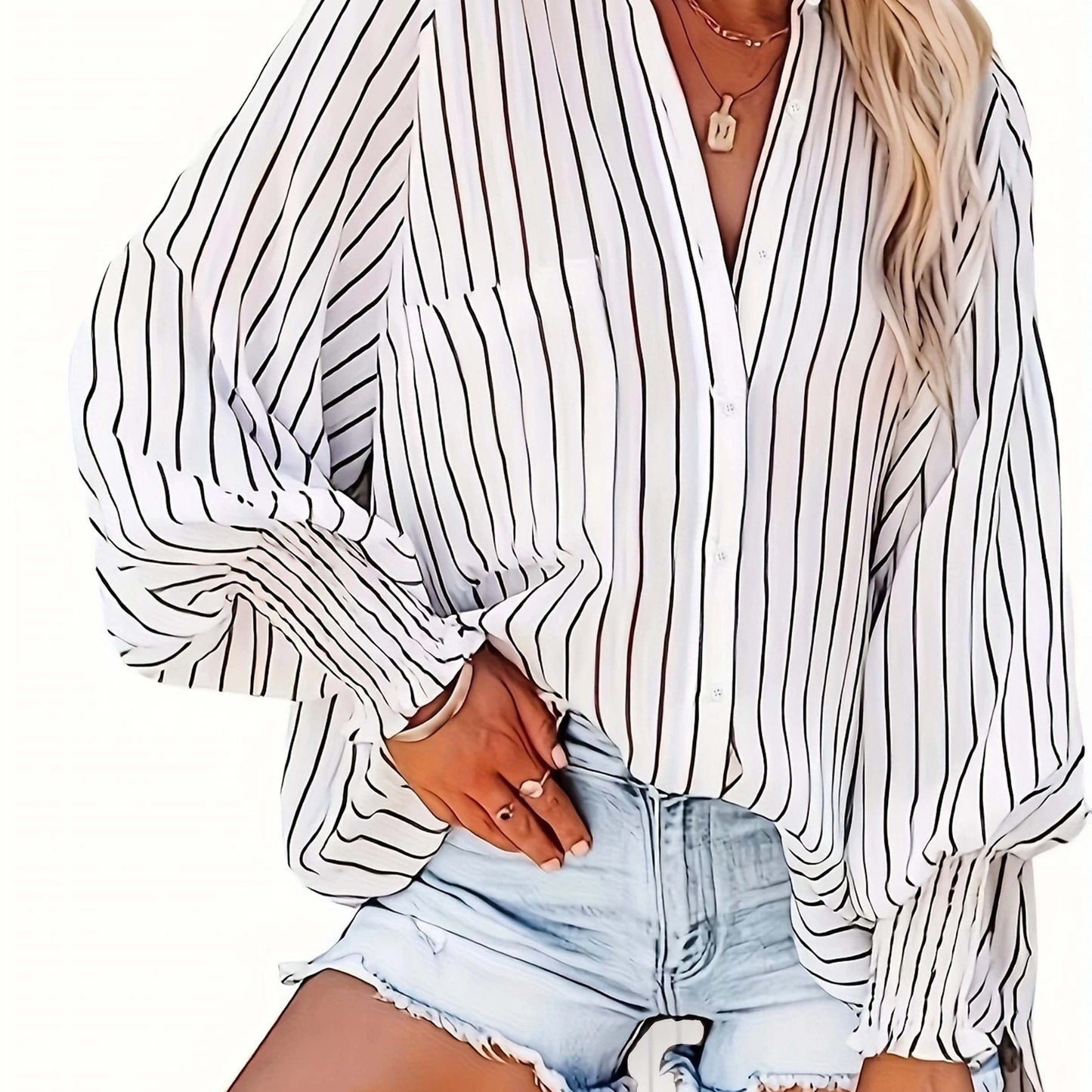 Striped V-Neck Blouse in Red & White, Plus Size with Button Accents and Long Puff Sleeves in Lightweight Polyester Fabric for Spring/Fall. Durable and stylish casualwear for ladies.