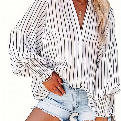 Striped V-Neck Blouse in Red & White, Plus Size with Button Accents and Long Puff Sleeves in Lightweight Polyester Fabric for Spring/Fall. Durable and stylish casualwear for ladies.