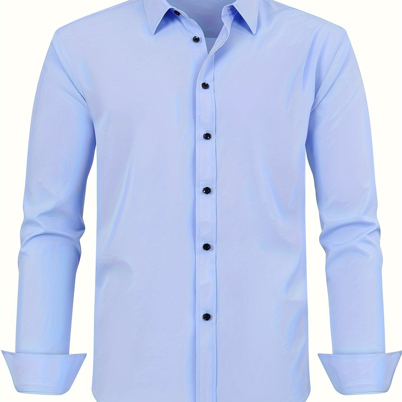 Men's plus size dress shirt in solid color with square collar, regular fit, made from all-season polyester with slight stretch. Features button details and woven fabric, weighing 120g/m².