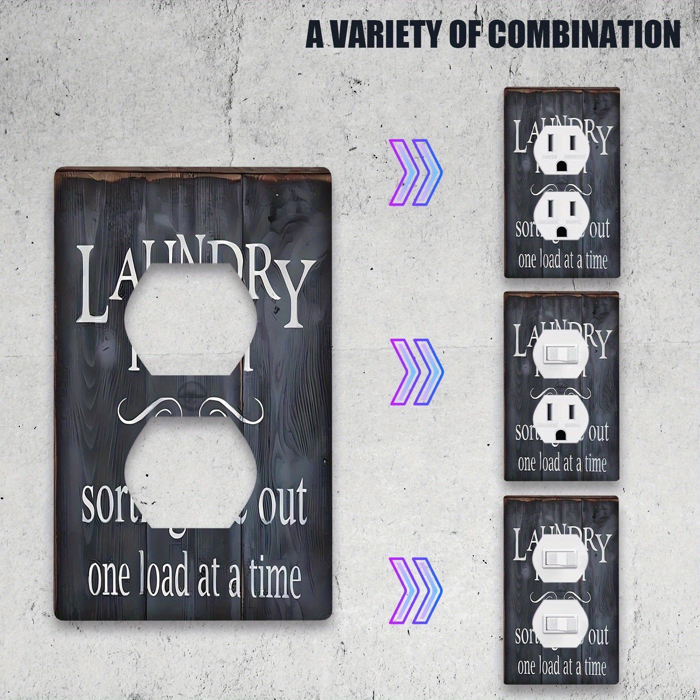 Laundry-themed light switch cover for indoor/outdoor use in bedroom, kitchen, or bathroom. Easy to install with no battery required. Pack of 1.