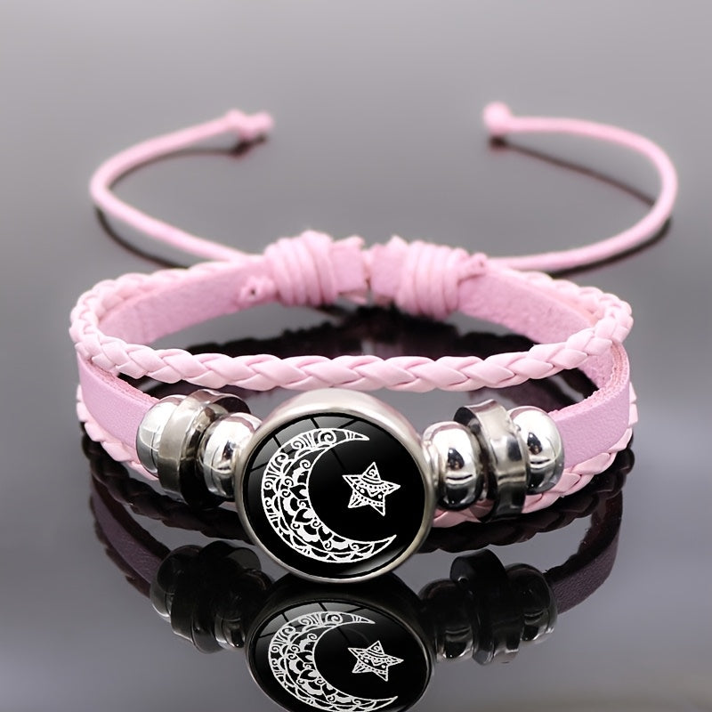 Set of 2 glow-in-the-dark Sun and Moon charm bracelets made of faux leather rope, perfect for couples, men, and women. Ideal gift for girlfriend or party.