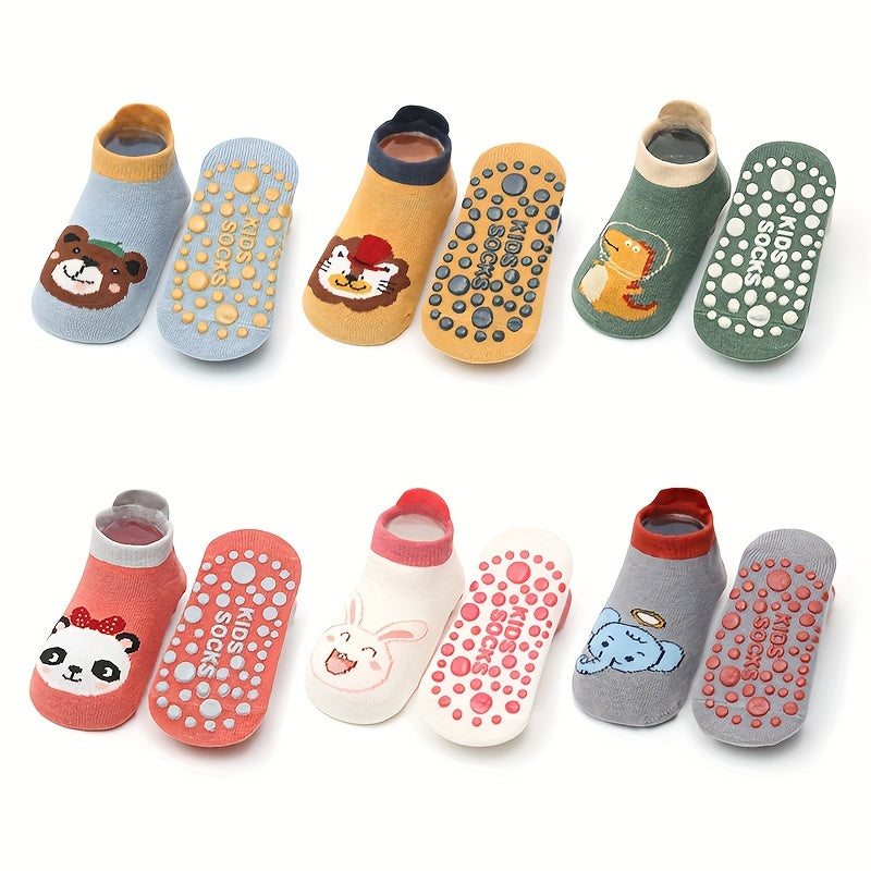 6 pairs of baby boys' non-slip cotton socks with cute cartoon animal patterns for infants learning to walk.