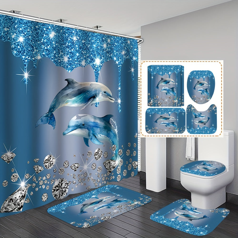 4-piece shining diamond dolphin printed bathroom set in blue includes a waterproof shower curtain, non-slip rug, toilet u-shape mat, and toilet lid cover mat with hooks.