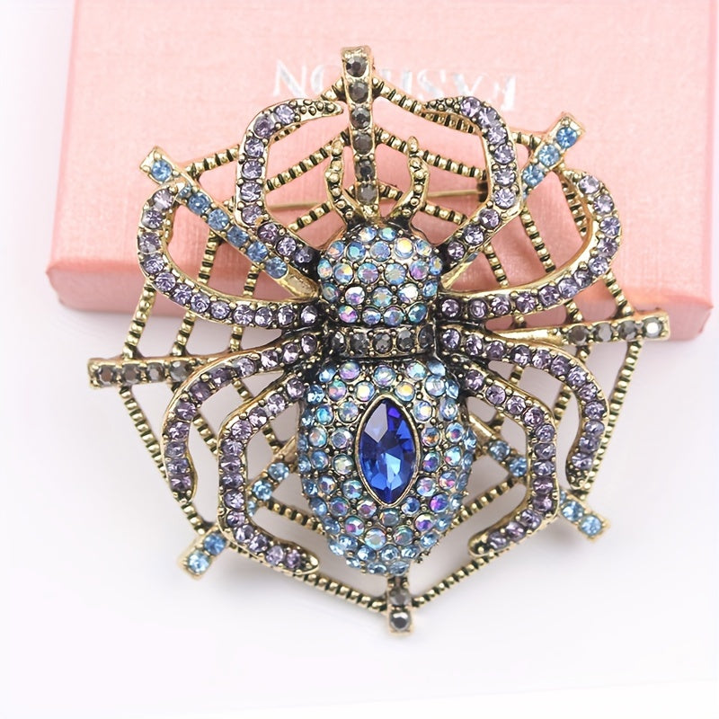 Punk Style Vintage Rhinestone Spider Web Brooch - Animal-Inspired Insect Pin for Jackets - Bold Fashion Statement Accessory