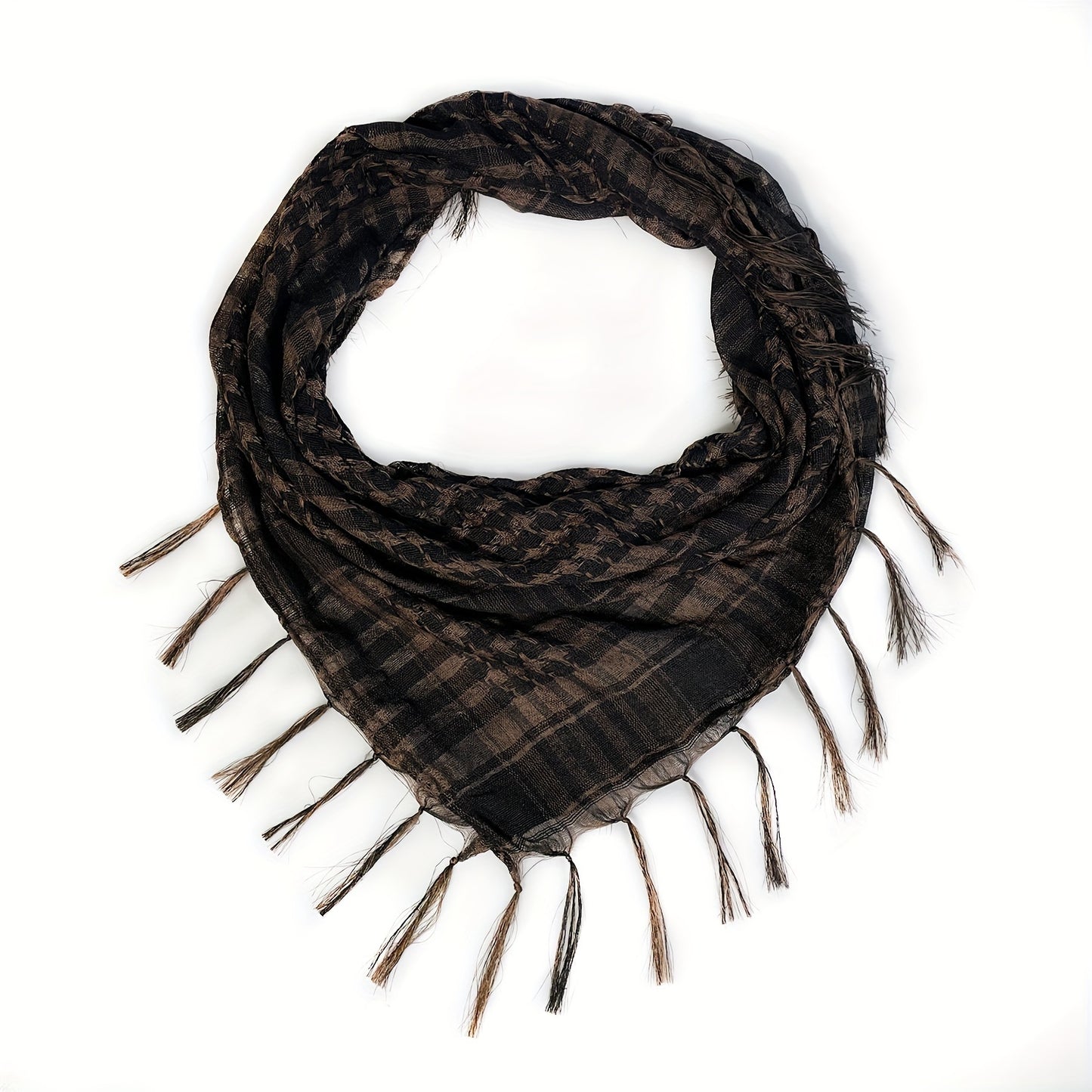 Lightweight Tactical Plaid Scarf - Windproof, Sand-Proof, All-Season Polyester Neck Warmer with Fringe Detail.