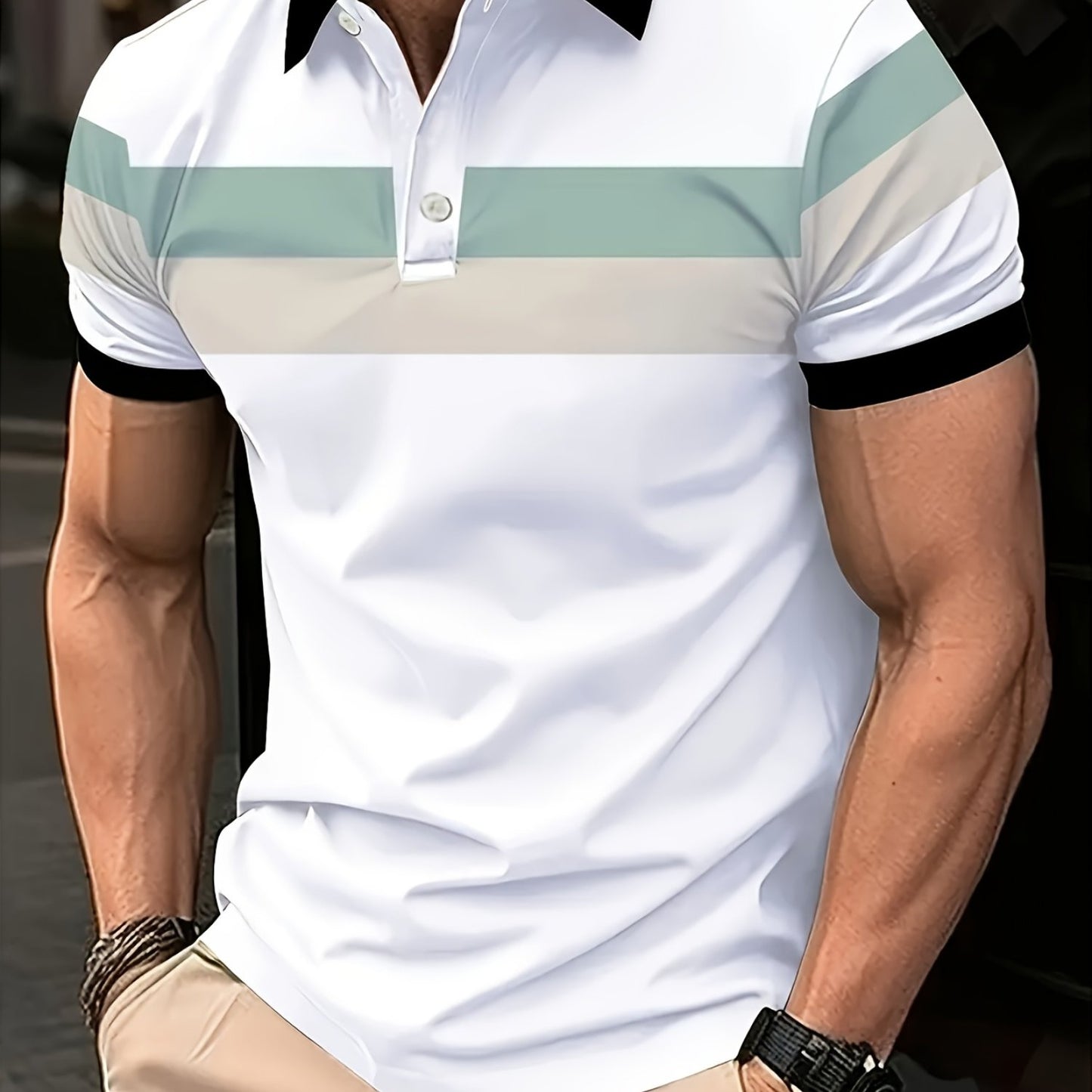 Men's Casual Block Color Polo Shirt made of polyester knit fabric, with lapel collar and button details for all-season wear.