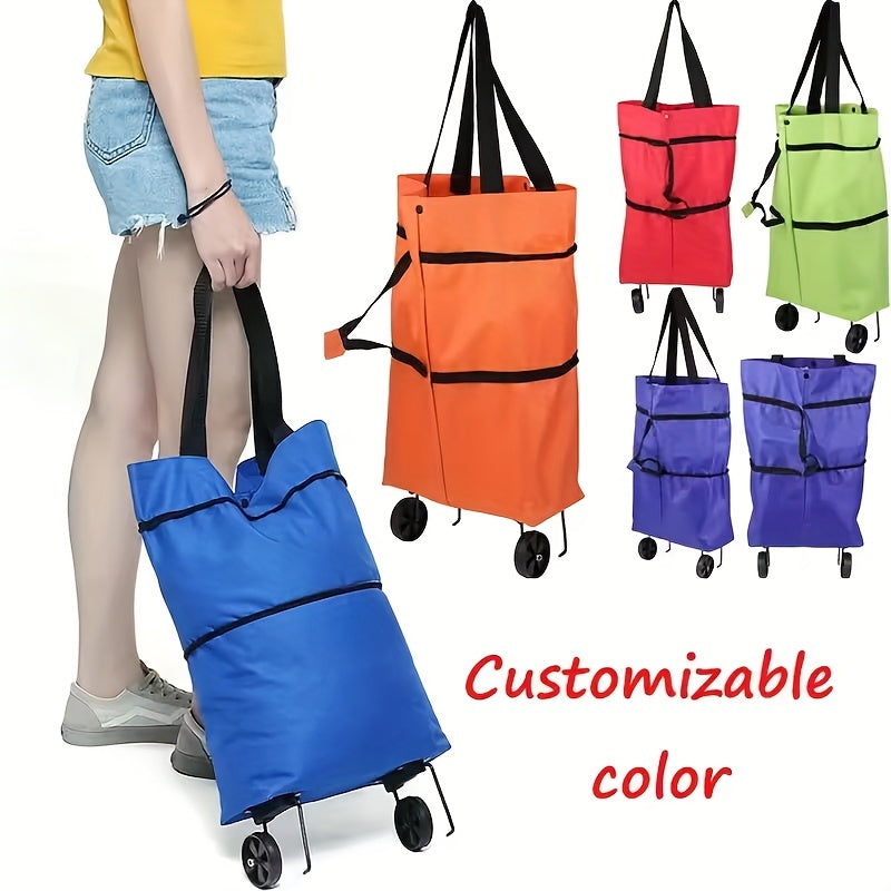 Reusable shopping bag with wheels, large capacity, foldable, multifunctional for storage and shopping.