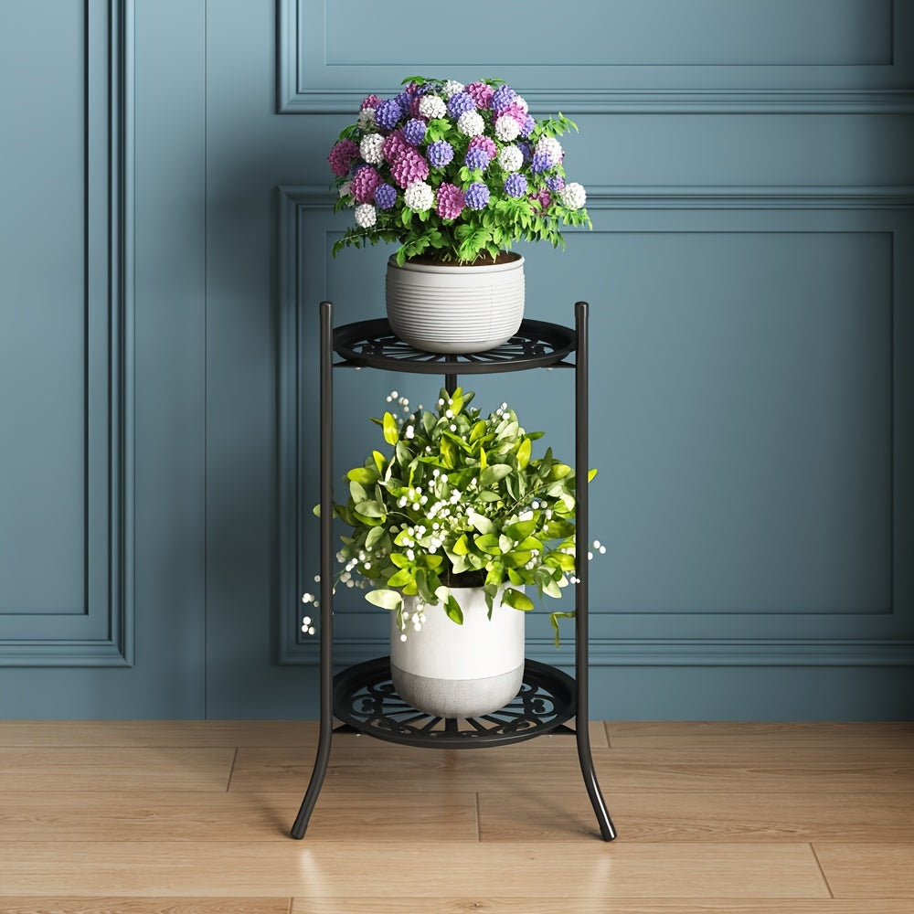 Modern two-tier metal hanging planters for stylish indoor and outdoor plant display.