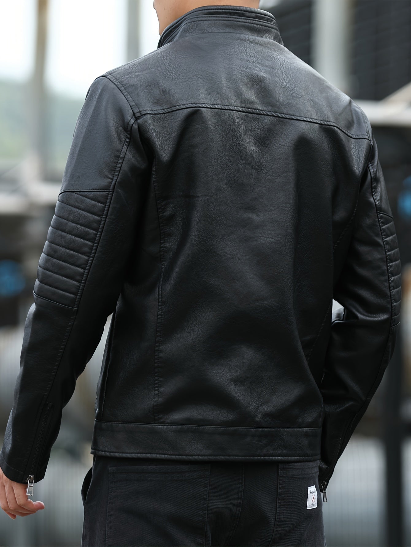 Men's Black PU Leather Jacket with Zip-Up, Multiple Pockets, Glossy Finish; Great for Casual Wear & Outdoor Activities.