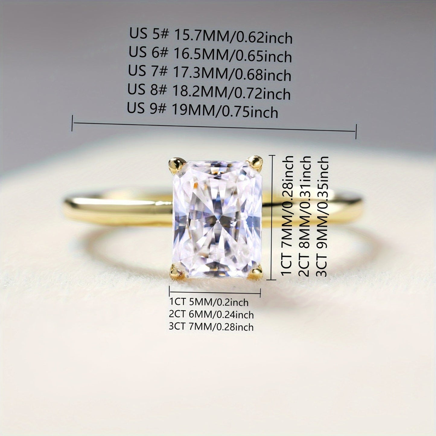 Zamonaviy 14K oltin qoplamali S925 sterling kumush uzuk, to'rtburchak kesilgan sintetik kubik zirkoniya bilan, 2.5g, 1CT/2CT/3CT da mavjud - sovg'alar va bayramlar uchun mukammal elegant ta'til zargarligi