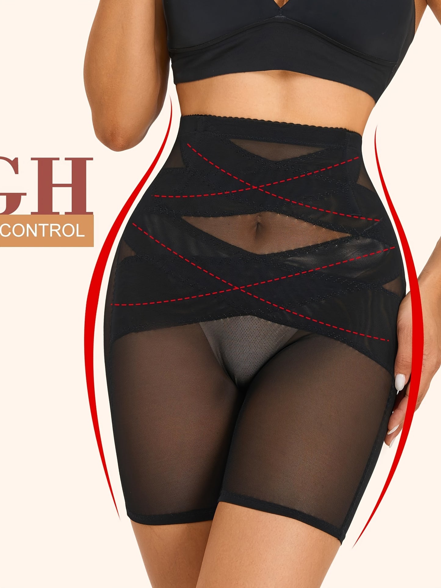 Women's shapewear with high waist, seamless thigh tuck, and butt lift.