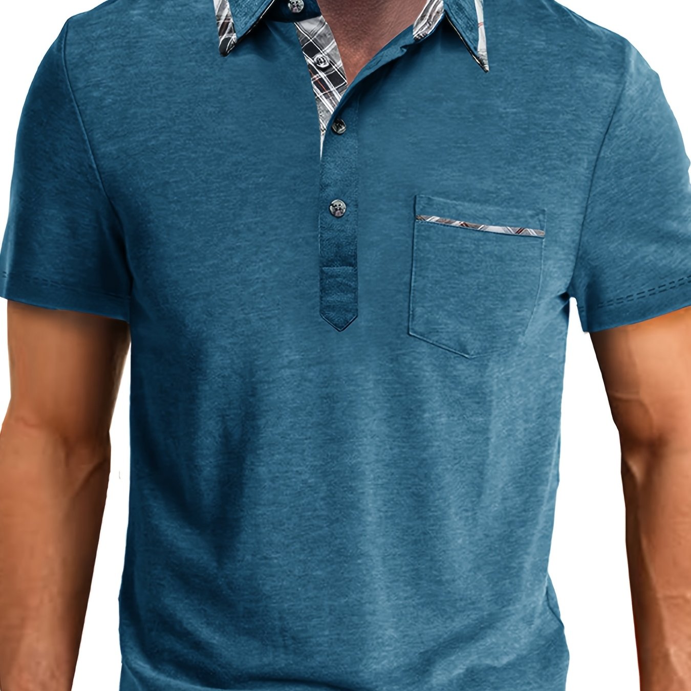 Men's plus size polo shirt with pocket, plaid lapel collar, knit fabric with slight stretch (77% polyester, 19% viscose, 4% elastane), ideal for summer at 180g/m² weight.