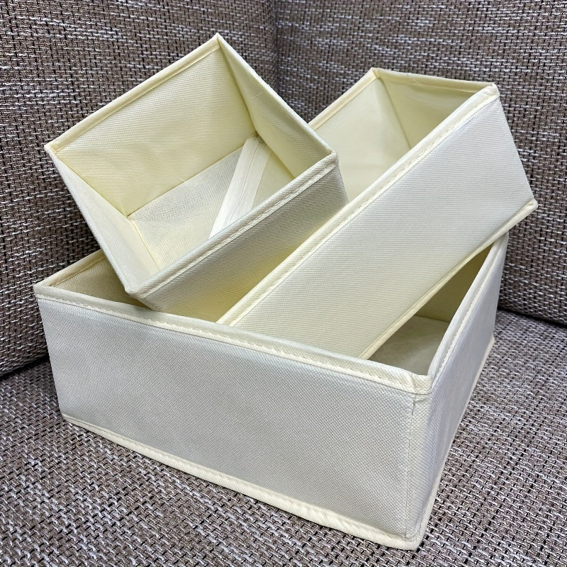 Set of 3 or 6 Classic Style Folding Storage Organizers. These rectangular multi-purpose closet organizer bins are ideal for storing clothes and accessories. They are non-waterproof drawer boxes that do not have lids, perfect for under-bed storage.