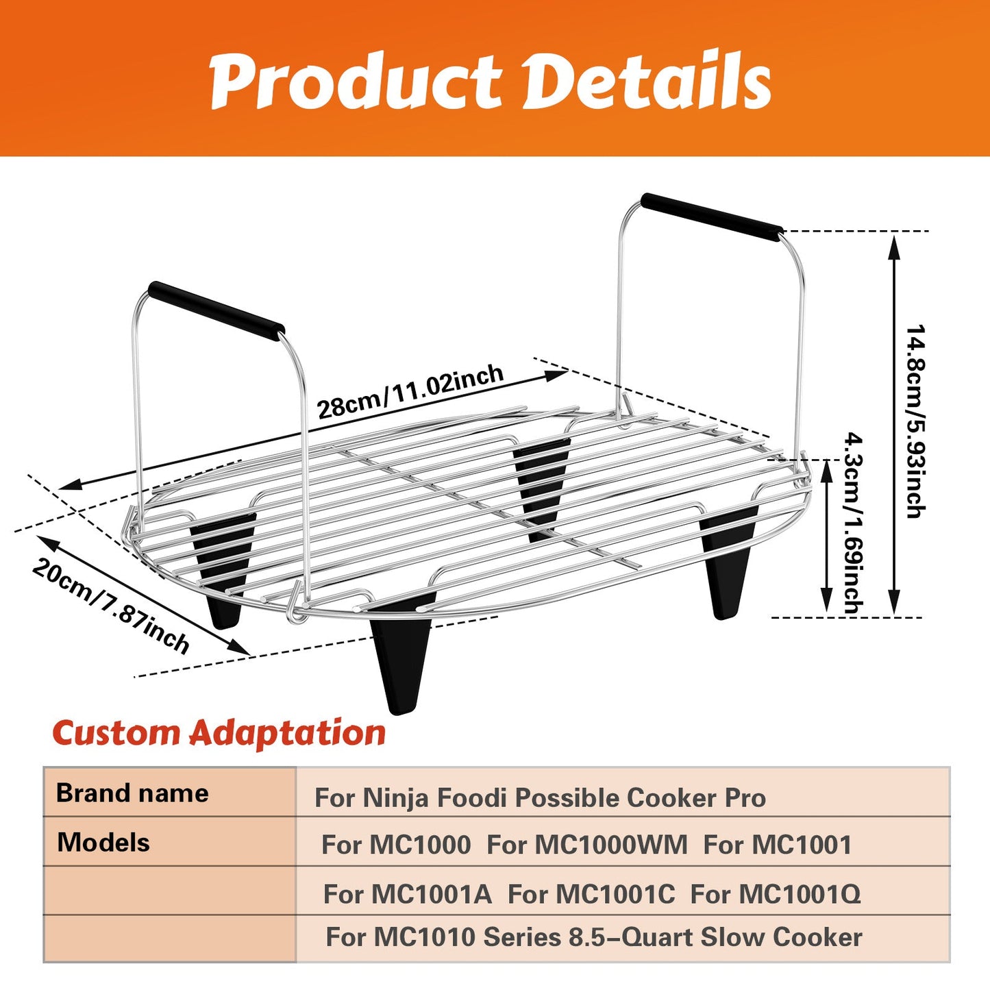 Jetcloud's Stainless Steel Steam and Roast Rack is designed for use with 8.5Qt Slow Cookers. It features a foldable handle, making it easy to store, and is reusable for steaming pot rack. This rack is safe for food contact and is compatible with MC1000