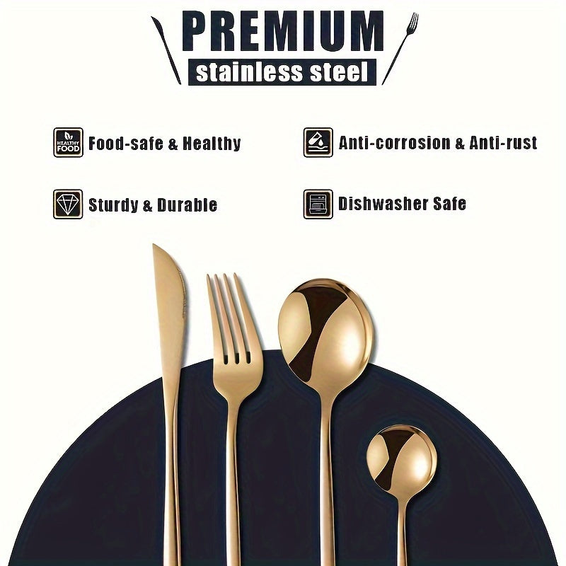 16-piece gold stainless steel cutlery set, ideal for weddings and special occasions, includes 6 steak knives, forks, and spoons. Durable tableware for home.