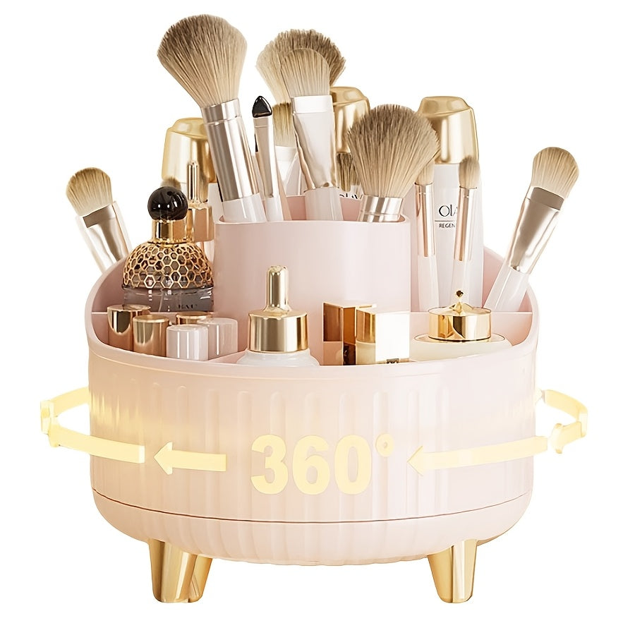 Rotating Pink & Golden Makeup Organizer with Multiple Compartments and Brush Holder, Perfect for Vanity or Bathroom Countertop.