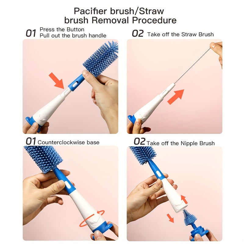 Set of silicone brushes for cleaning bottles, pacifiers, straws, and cups