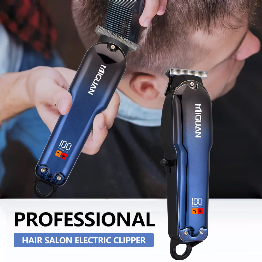 USB rechargeable hair clipper with digital display, 4 blades, ergonomic handle for precision trimming and styling. Ideal gift with sleek blue design.