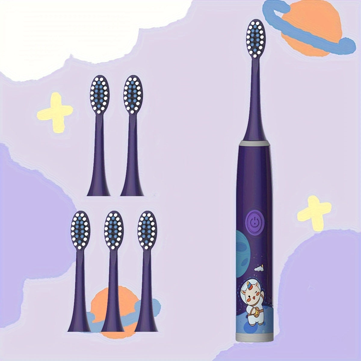 The New Space Series children's electric toothbrush set includes a battery-operated model with 3 to 6 brush heads, making it a perfect holiday gift for family and friends. Featuring soft