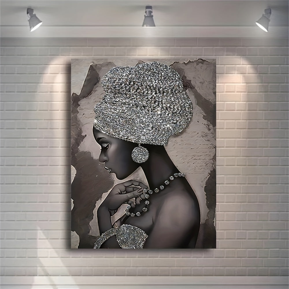 Abstract canvas painting featuring a silvery glitter embroidered African woman, ideal for home or office wall decor. Frame not included.